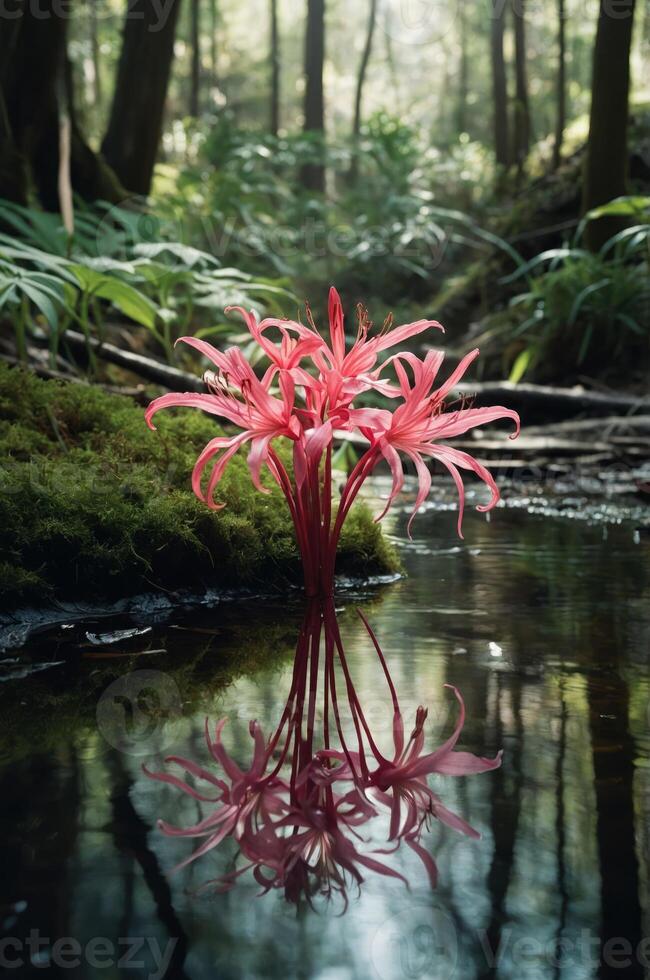 A vibrant pink plant reflected in a serene forest pond, surrounded by lush greenery. photo