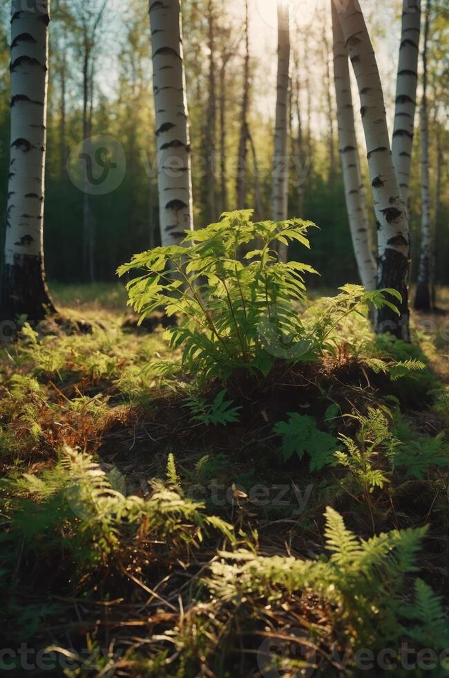 A serene forest scene featuring ferns and birch trees illuminated by sunlight. photo