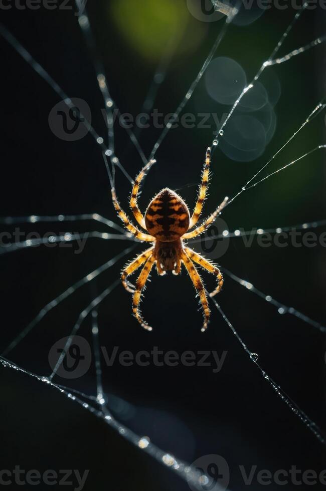 A close-up of a spider on its web, glistening with dew in soft natural light. photo