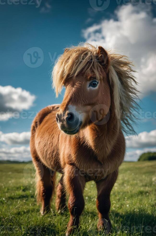 A cute pony stands in a grassy field under a blue sky with fluffy clouds. photo