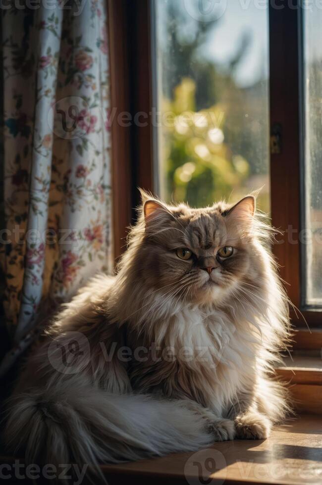 A fluffy cat resting by a sunlit window, surrounded by floral curtains. photo