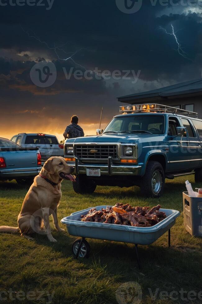 A dog sits beside a barbecue setup with a truck in a scenic outdoor setting. photo