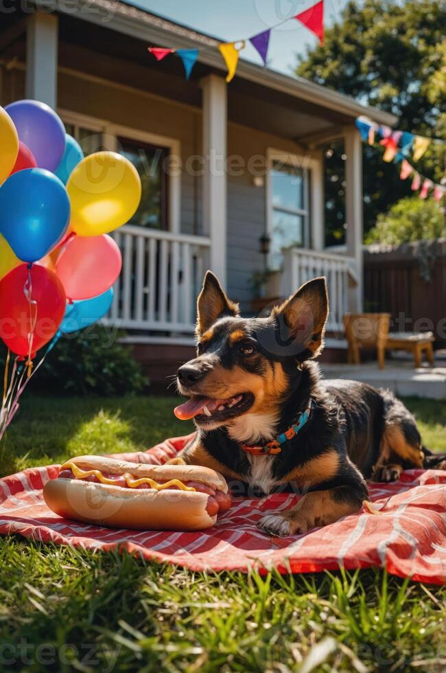 A festive scene featuring a dog beside a hot dog and colorful balloons in a backyard setting. photo
