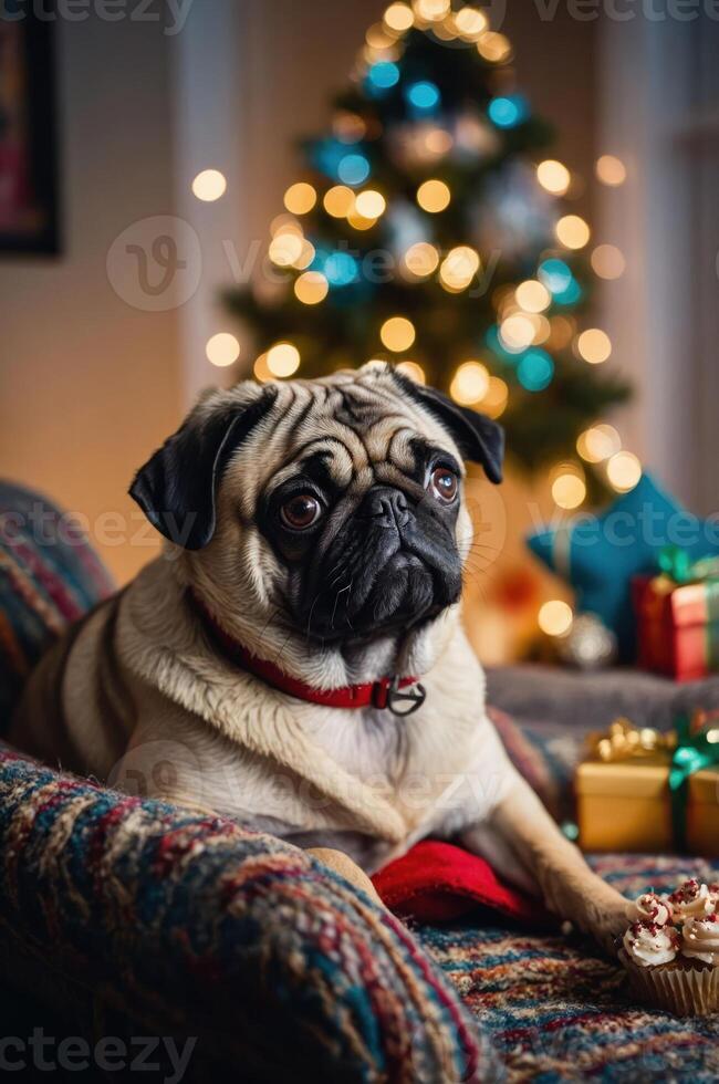 A pug resting on a cozy chair with a decorated Christmas tree in the background. photo