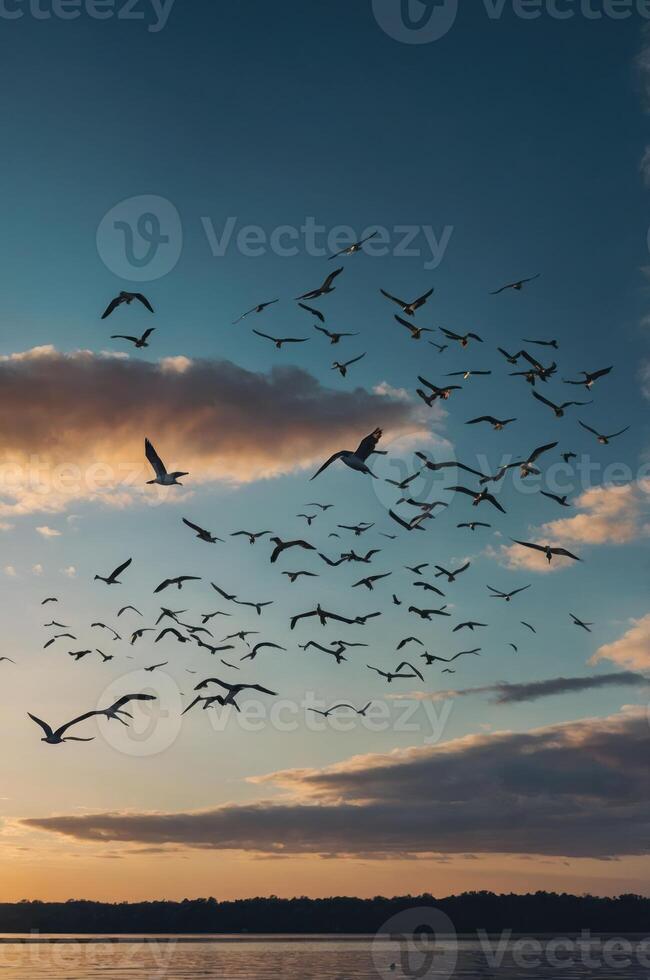 A flock of birds flying against a vibrant sunset sky. photo