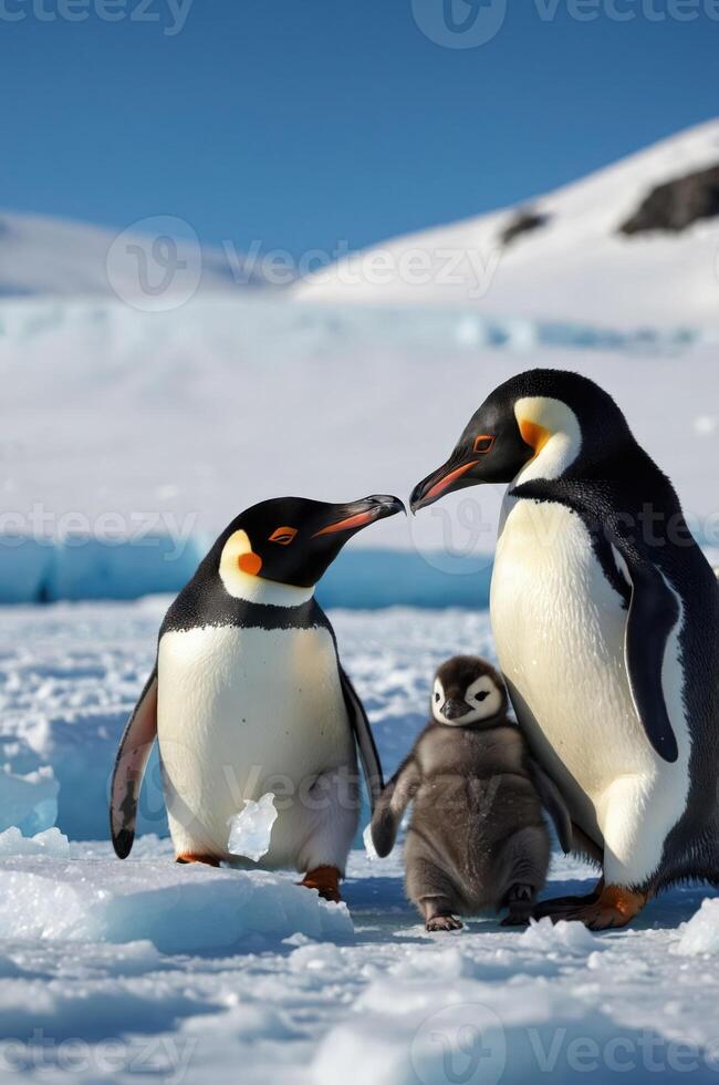Two adult penguins and a chick on ice, showcasing family life in a snowy environment. photo