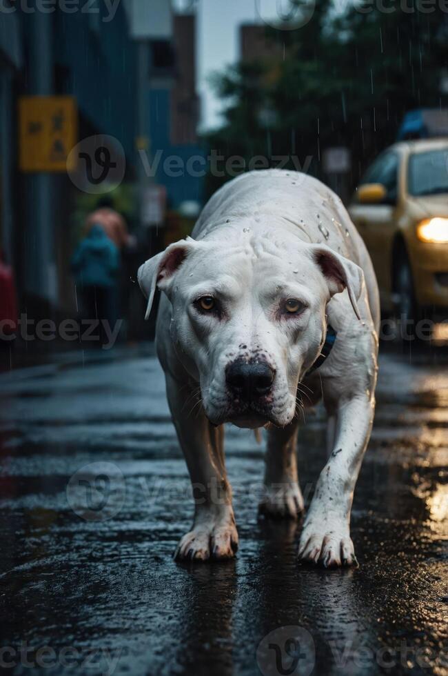 A white dog walks in the rain on a city street, showcasing urban life and weather. photo