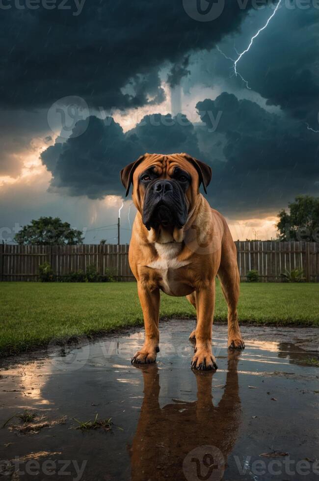 A majestic dog stands in a puddle under a dramatic sky with lightning and dark clouds. photo