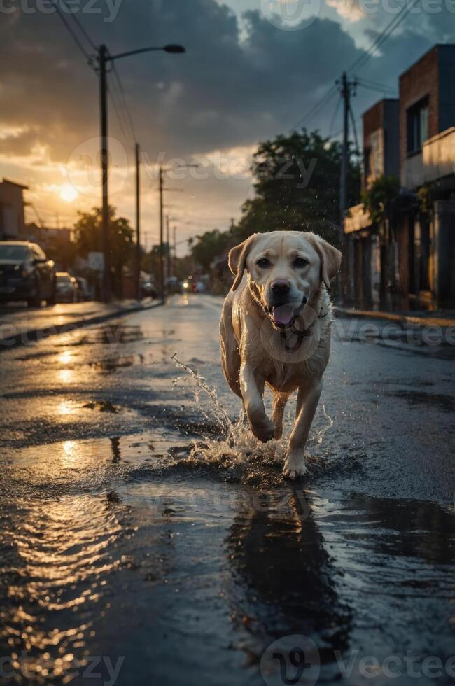 A joyful dog running through a wet street at sunset, creating splashes of water. photo