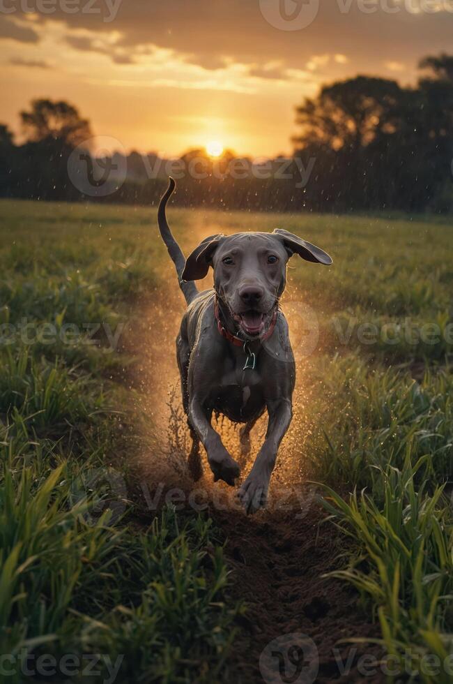 A dog joyfully runs through a grassy field at sunset, creating a lively and warm atmosphere. photo