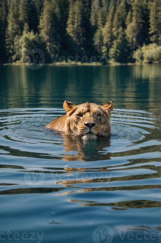 A lion swims in calm waters, surrounded by lush greenery and a serene landscape. photo