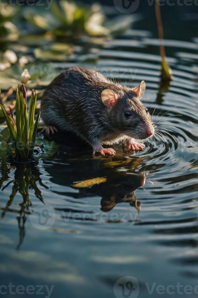 A rat stands on a lily pad in a pond, creating ripples in the water. photo