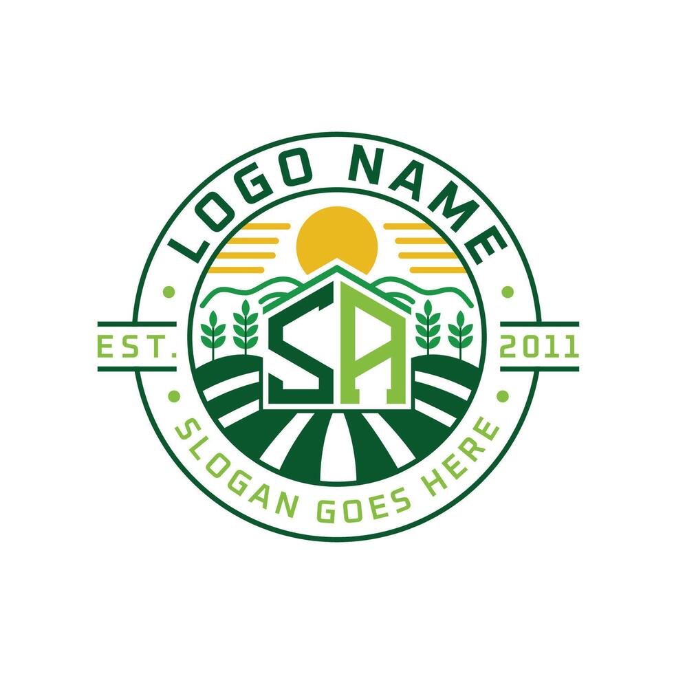Modern Farmhouse SA Logo Design. Letter SA Agriculture Logo with Sun, Field, and Nature Elements vector
