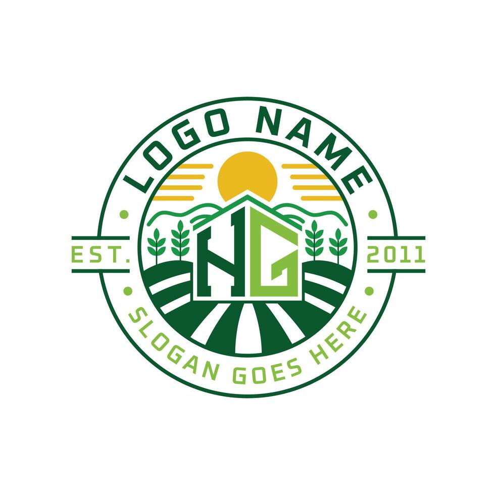 Modern Farmhouse HG Logo Design. Letter HG Agriculture Logo with Sun, Field, and Nature Elements vector
