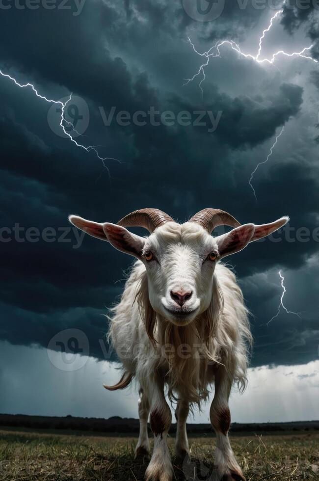 A goat stands against a dramatic stormy sky filled with lightning. photo