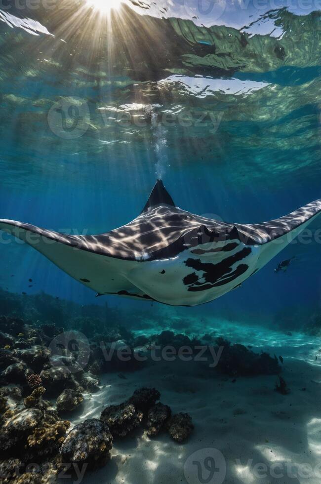 A majestic manta ray glides gracefully through clear blue waters, illuminated by sunlight. photo