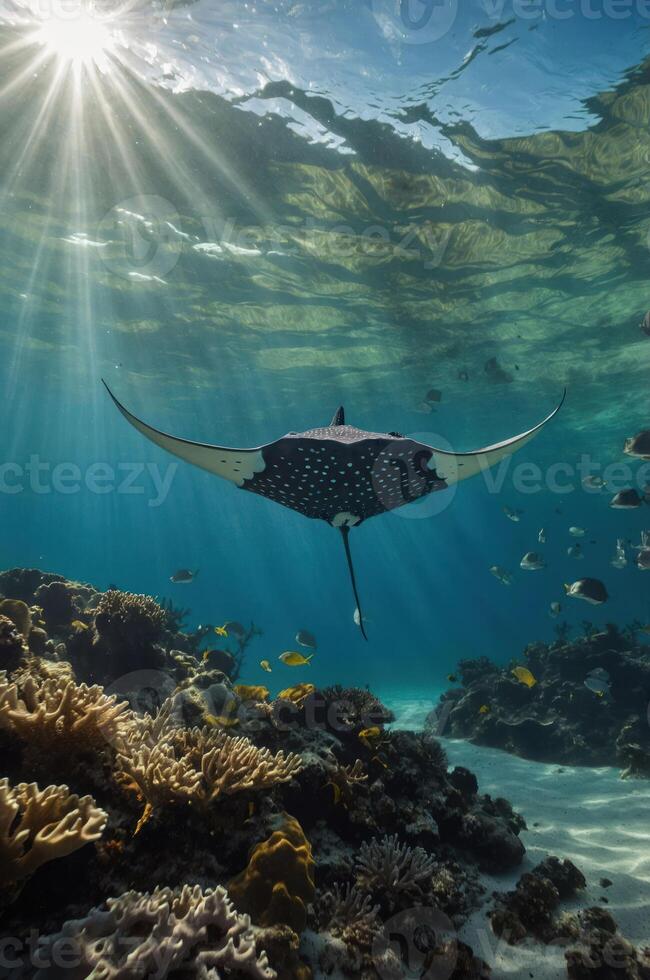 Underwater scene featuring a manta ray gliding over coral with sunlight filtering through water. photo