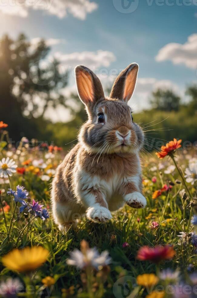 A rabbit joyfully leaps through a vibrant field of flowers under a sunny sky. photo