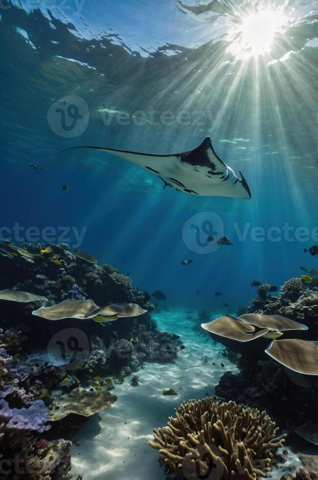 An underwater scene featuring a manta ray swimming above coral reefs, illuminated by sunlight. photo