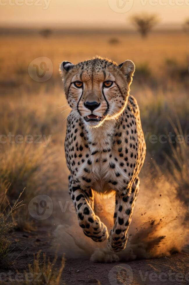 A cheetah running swiftly across a grassy landscape at sunset. photo