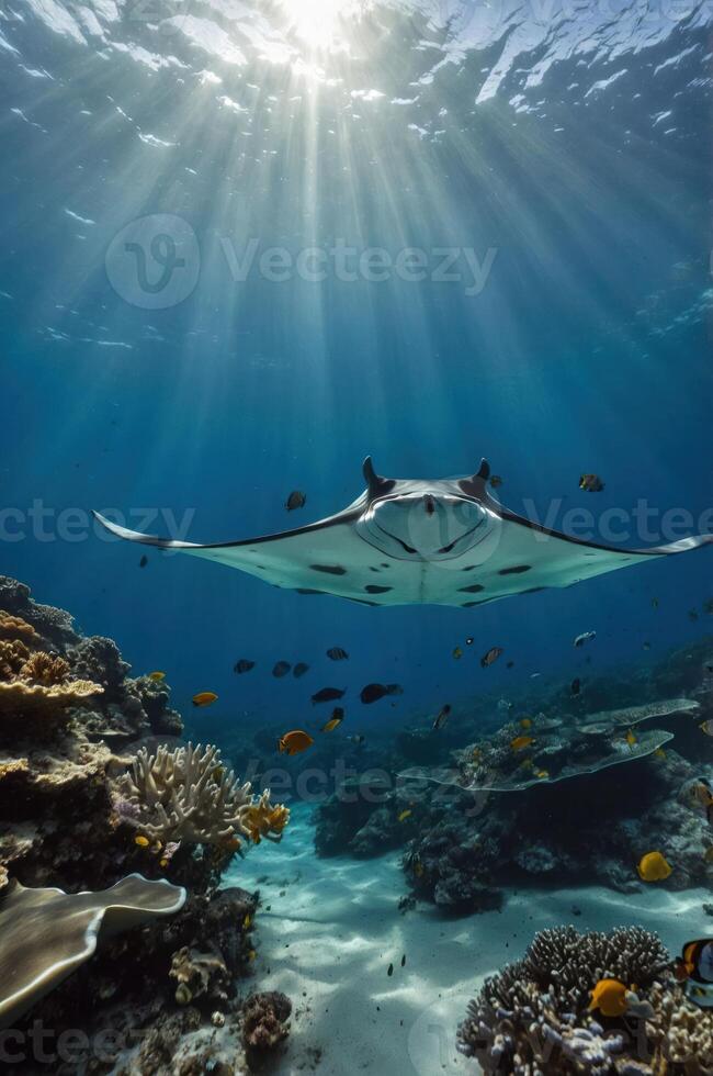 A manta ray glides gracefully through a vibrant underwater scene illuminated by sunlight. photo