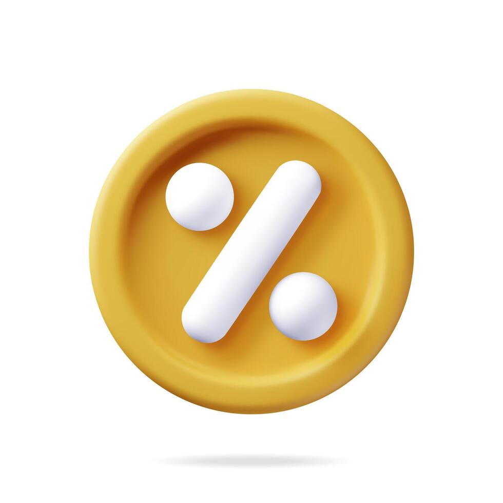 3D percent sign in gold coin isolated. Render money, finance or business concept. Percentage, sale, discount, promotion and shopping symbol. Offer, price tag, coupon, bonus vector