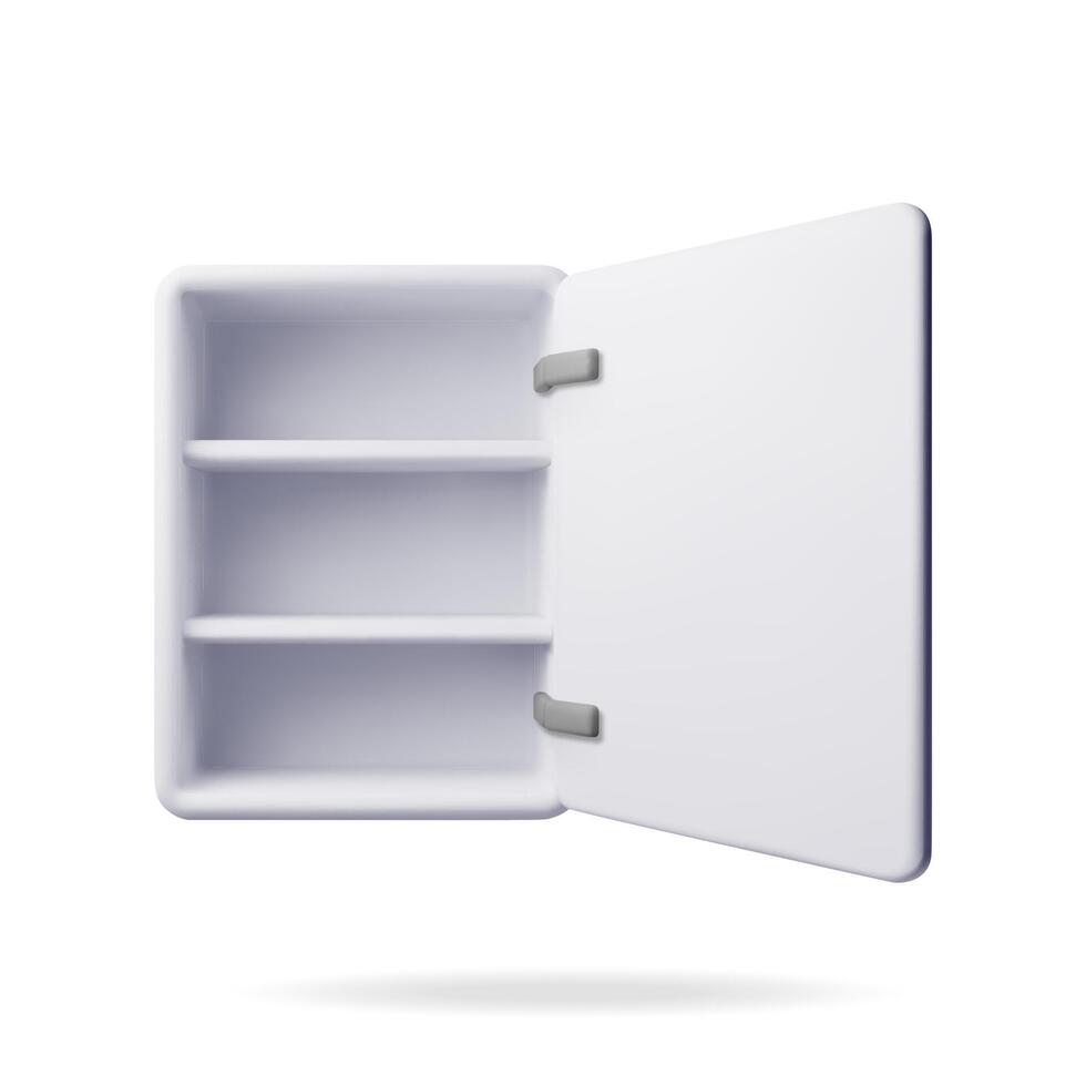 3D Empty white storage shelves isolated. Render bathroom furniture, cabinet with door. Office drawer symbol. vector