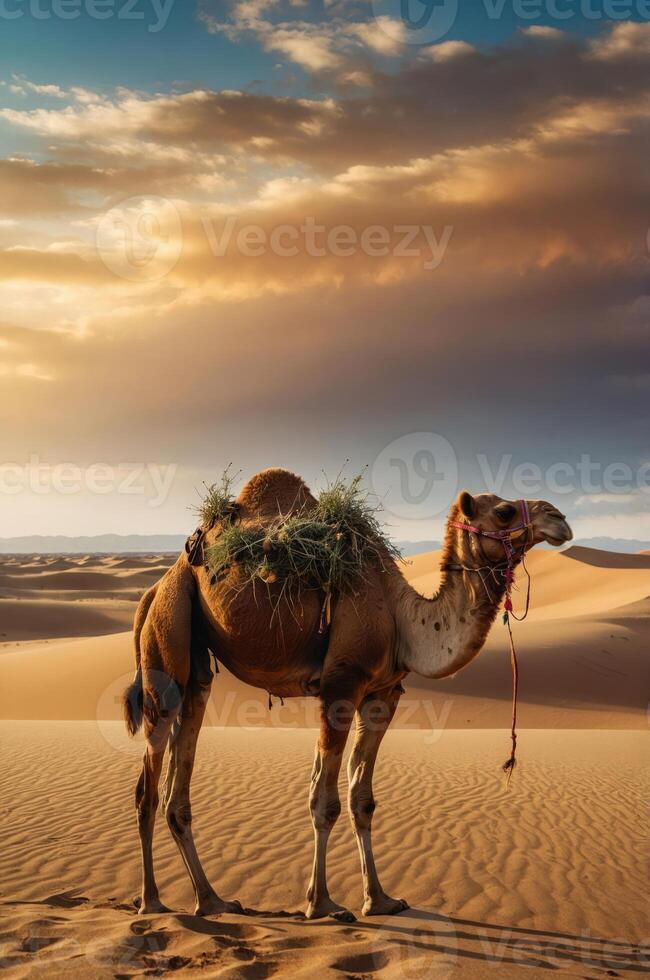 A camel stands in a desert landscape under a colorful sky at sunset. photo