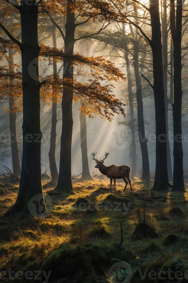 A serene forest scene with a deer illuminated by sunlight filtering through trees. photo