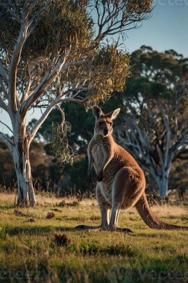 A kangaroo stands in a grassy field surrounded by trees under a clear sky. photo