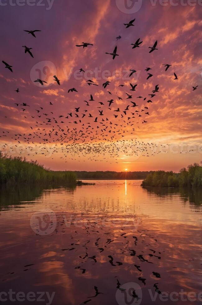 A serene sunset over a lake with flocks of birds flying across a colorful sky. photo
