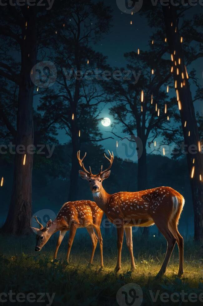 Two deer in a moonlit forest with glowing particles falling around them. photo