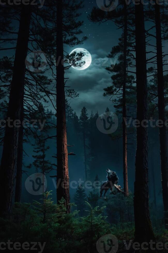 A mysterious scene of a rider in a forest under a full moon. photo