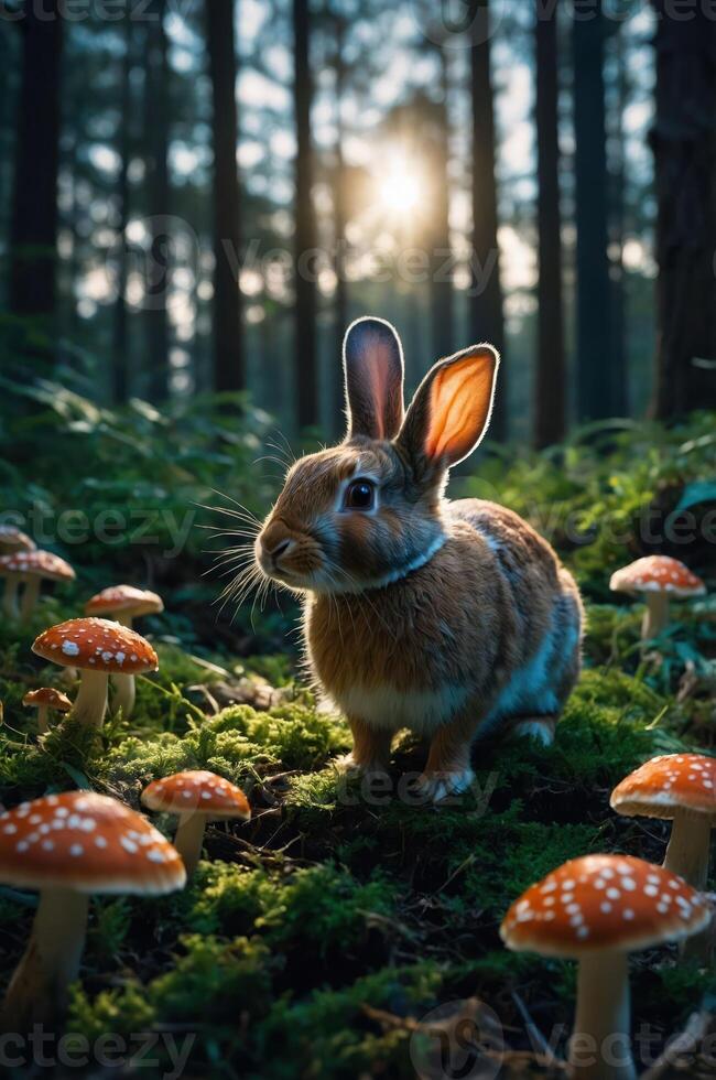 A rabbit amidst vibrant mushrooms in a sunlit forest. photo