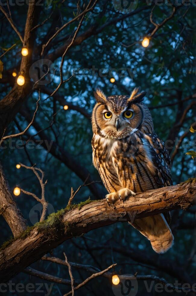 A majestic owl perched on a branch, illuminated by warm string lights in a serene setting. photo