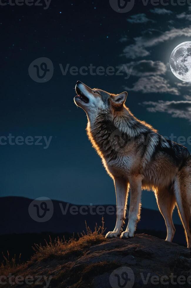 A wolf howling at a full moon against a mountainous night