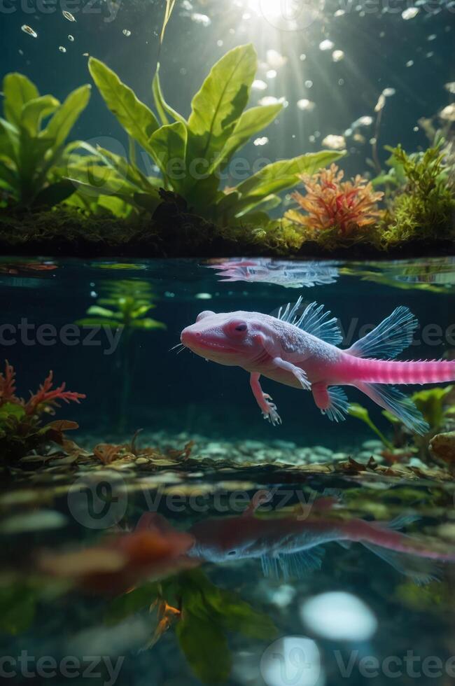 An underwater scene featuring a pink axolotl swimming among aquatic plants. photo