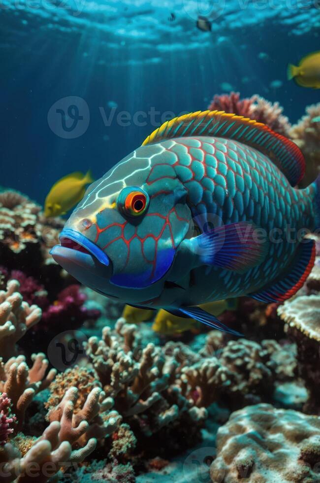 A vibrant parrotfish swims amidst colorful coral in a sunlit underwater scene. photo