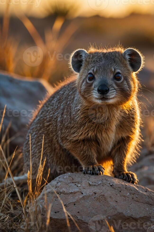 A close-up of a mongoose sitting on a rock during sunset. photo