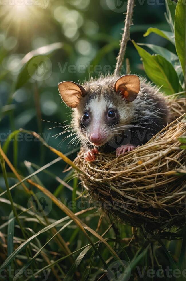 A young opossum nestled in a natural nest among greenery, illuminated by soft sunlight. photo