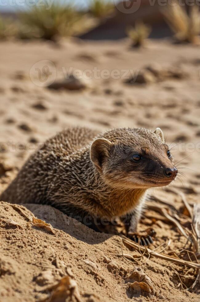 A close-up of a mongoose in a sandy environment, showcasing its natural habitat. photo