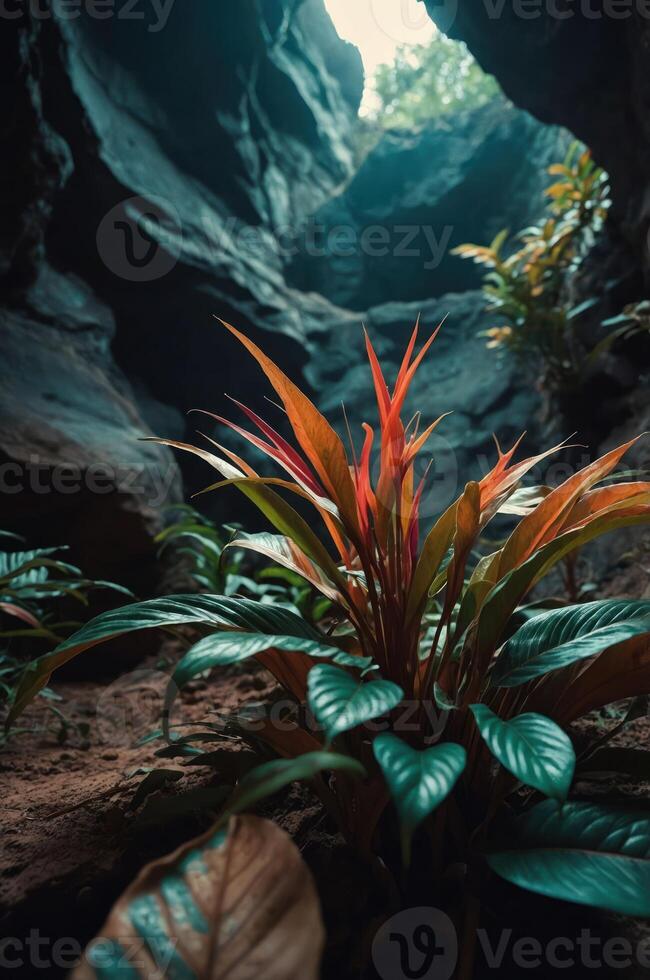 A vibrant plant emerges from rocky terrain, illuminated by natural light above. photo