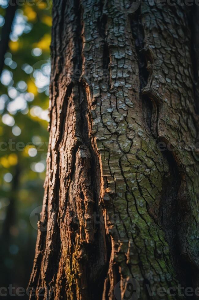 Close-up of a tree trunk showcasing its textured bark in a forest setting. photo