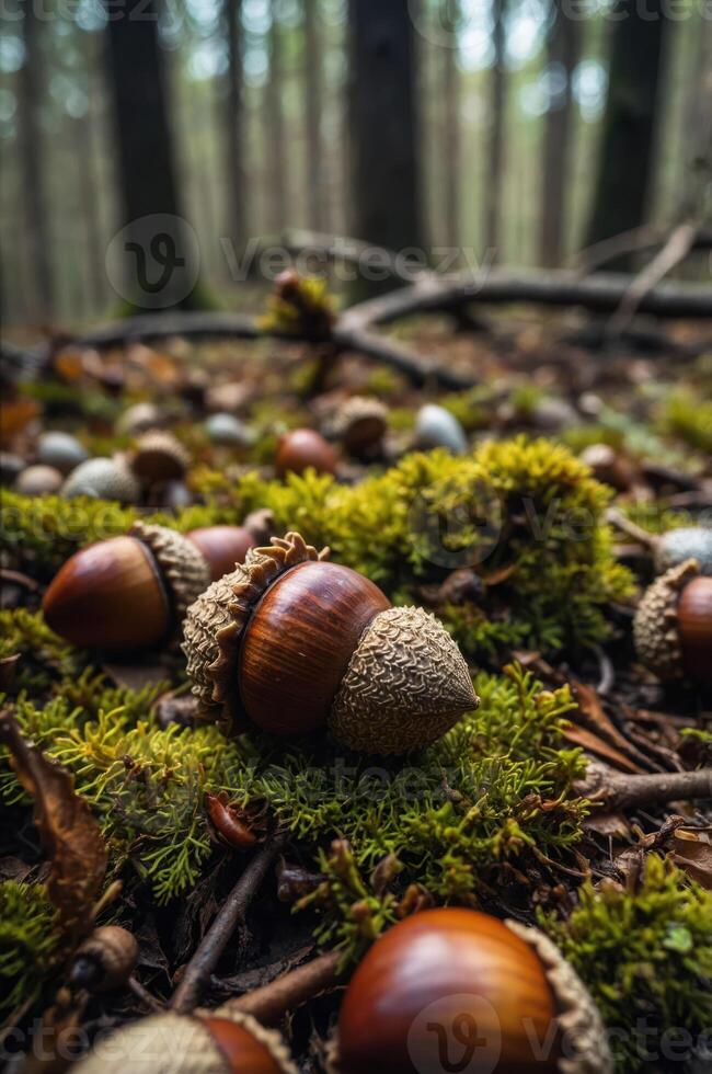 A forest floor covered with acorns and moss, showcasing a natural and serene environment. photo