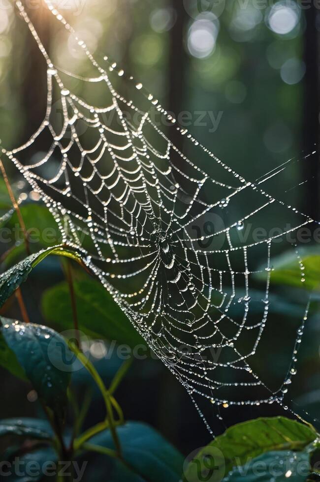 A close-up of a spider web adorned with dew drops in a lush forest setting. photo