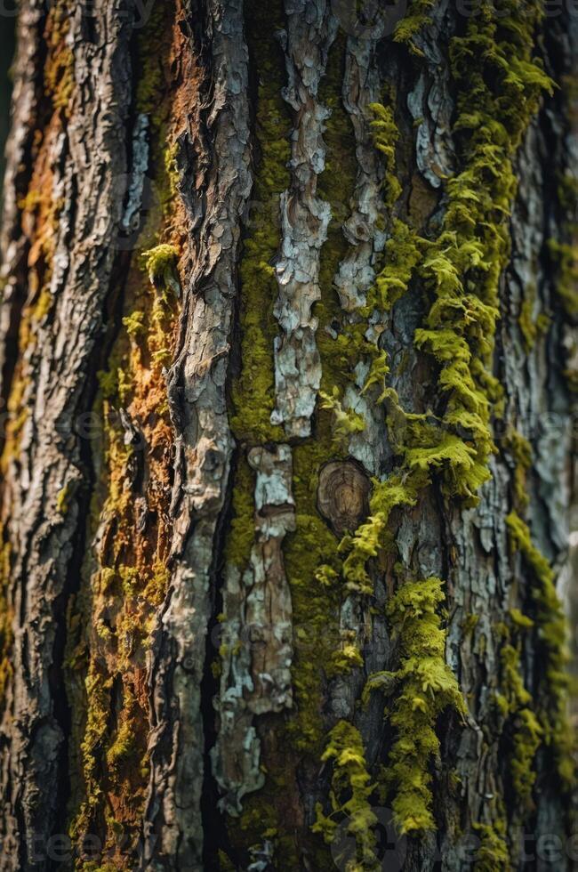 Close-up of a tree trunk featuring textured bark and vibrant green moss. photo