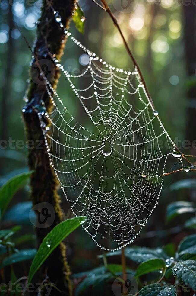 A dew-covered spider web glimmers in the forest light, showcasing nature's intricate design. photo