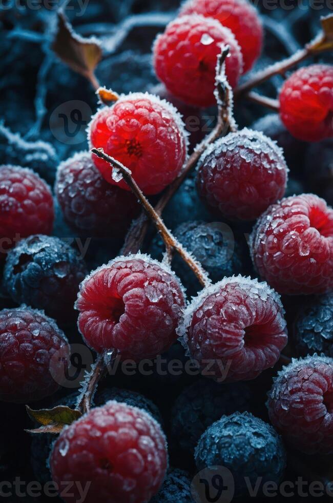 A close-up of frosted raspberries and blueberries, highlighting their vibrant colors and textures. photo