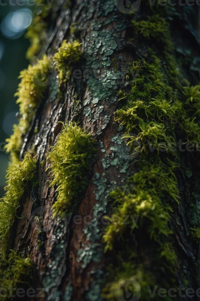 A close-up of a moss-covered tree trunk showcasing natural textures and colors. photo