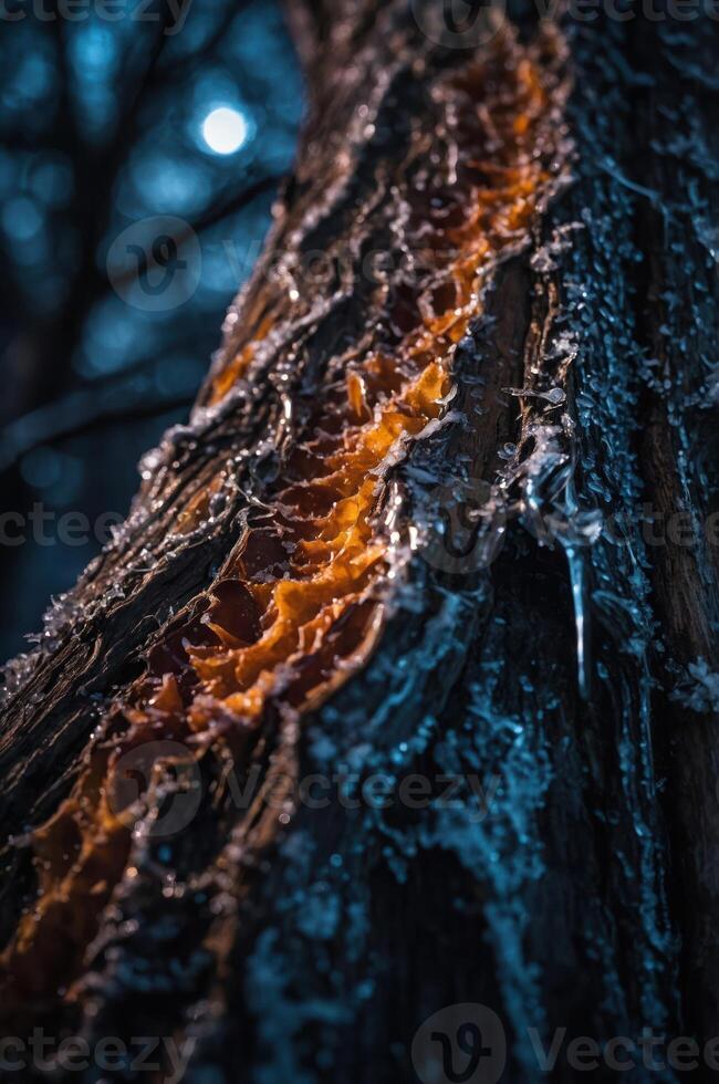 A close-up of a tree trunk with vibrant orange and icy textures, highlighting natural beauty. photo